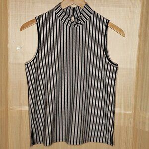 Cable & Gauge Black and White Striped Sleeveless Mock Neck Tank Top